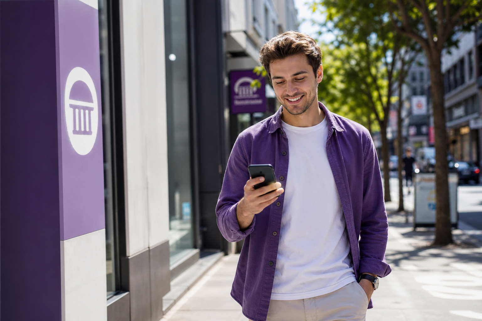 Man checking the Truist app on his phone while walking through the city